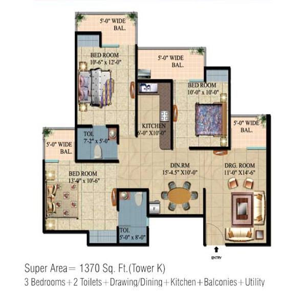 Floor Plan 1370 sq. ft (Tower K) 3 Bedrooms