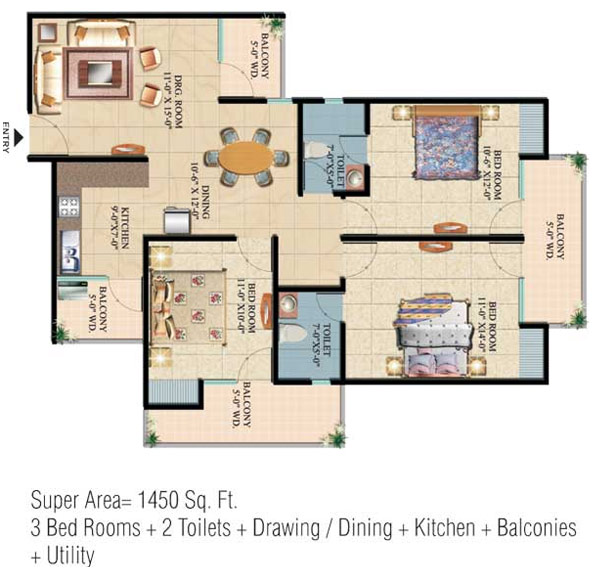 Floor Plan 1450 sq. ft 3 Bedrooms