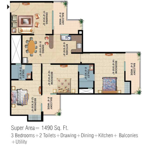 Floor Plan 1490 sq. ft 3 Bedroom