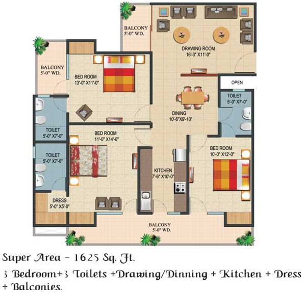 Floor Plan 1625 sq. ft 3 Bedrooms