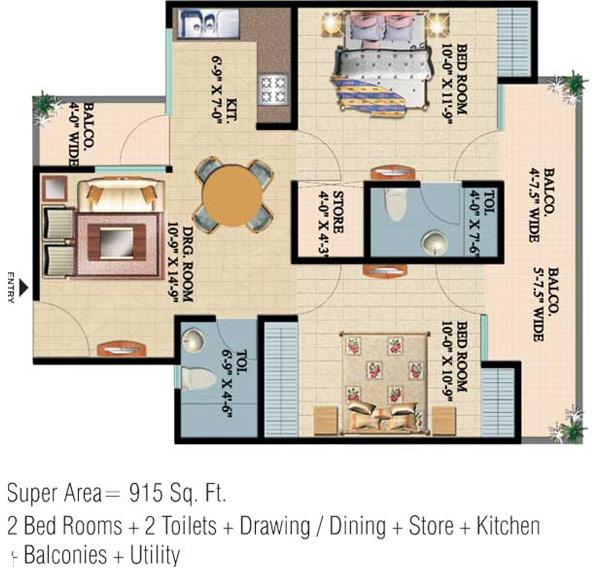 Floor Plan 915 sq. ft. 2 Bedrooms
