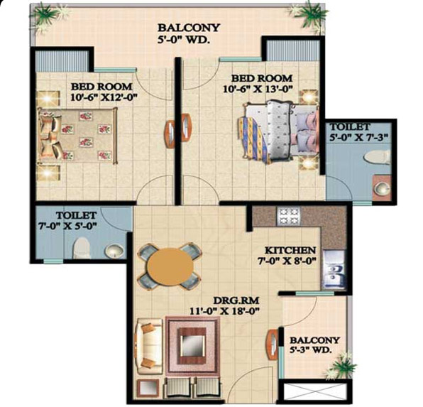 Floor Plan 990 sq. ft. 2 Bedroom