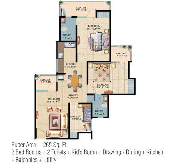 Floor Plan 1265 sq. ft. 2 Bedrooms