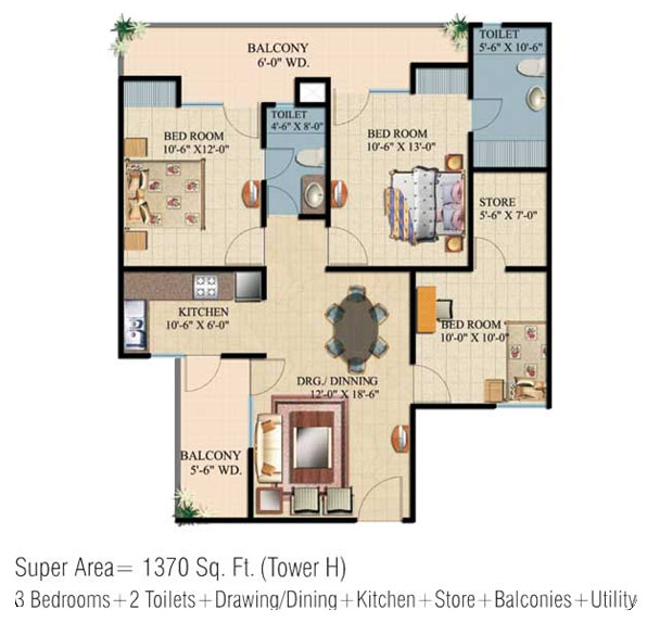 Floor Plan 1370 sq. ft (Tower H) 3 Bedrooms