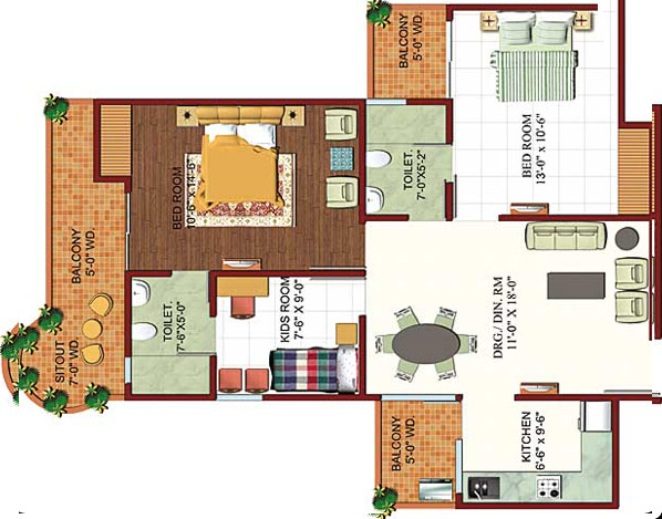 Floor Plan 1255 sq.ft.2 BHK