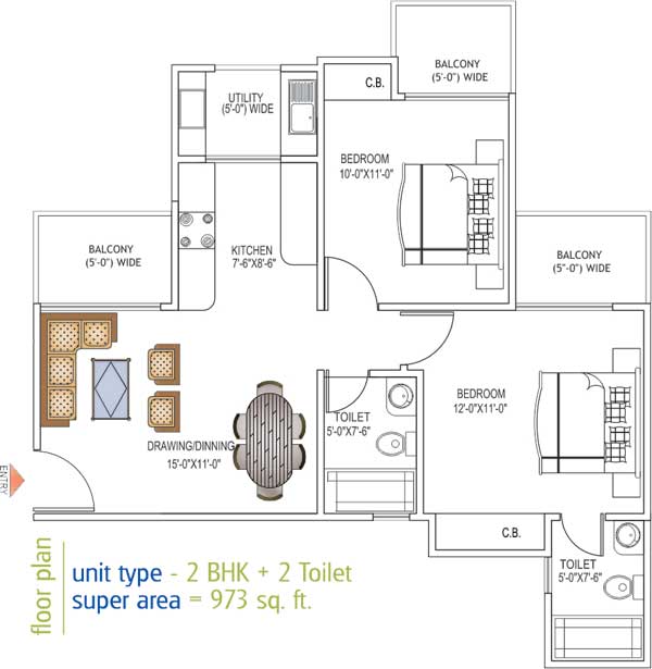 Floor Plan 973 sq. ft. 2 BHK