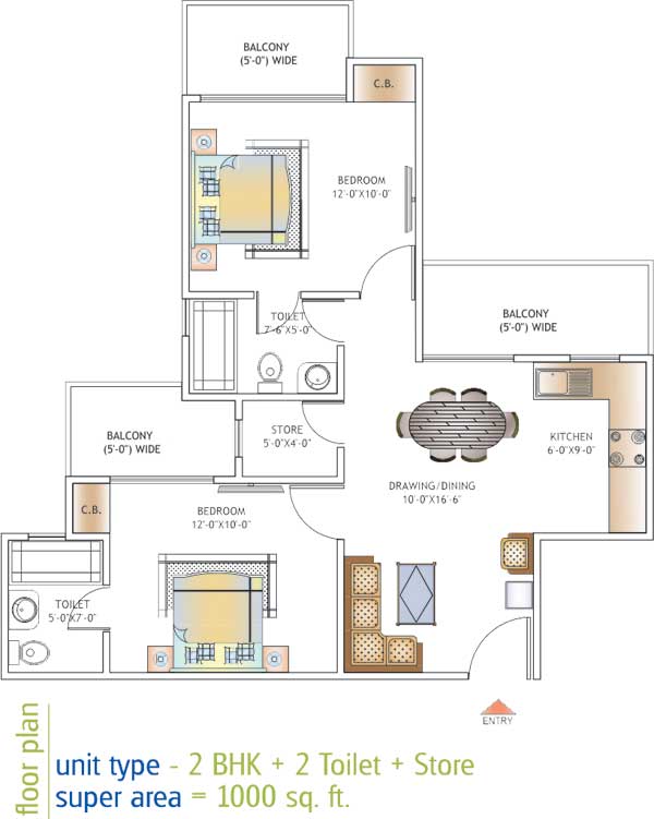 Floor Plan 1000 sq. ft. 2 BHK