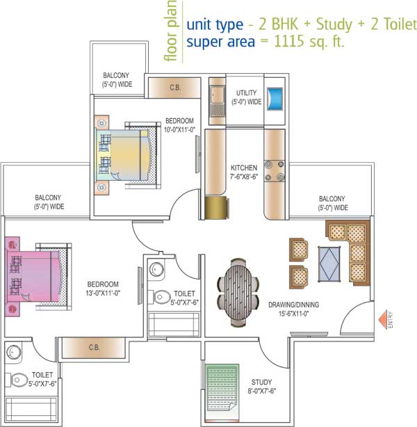 Floor Plan 1115 sq. ft. 2 BHK