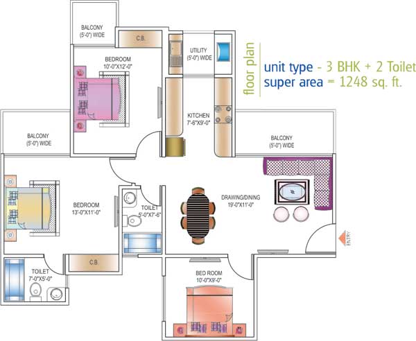 Floor Plan 1248 sq.ft. 3 BHK