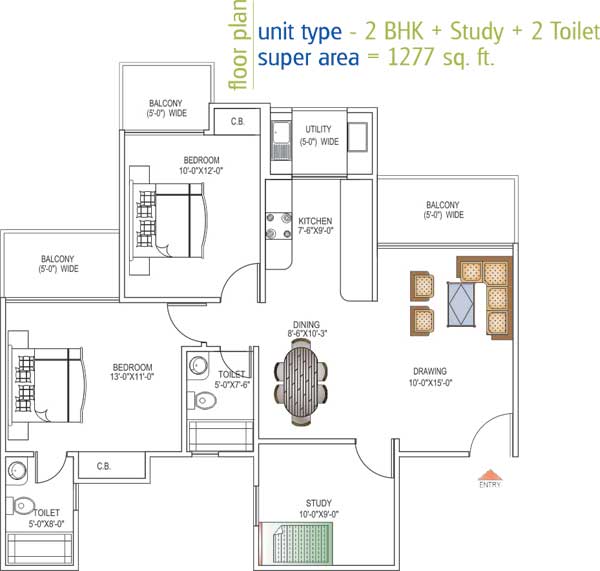Floor Plan 1277 sq.ft. 2 BHK