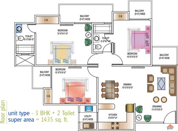 Floor Plan 1435 sq.ft. 3 BHK