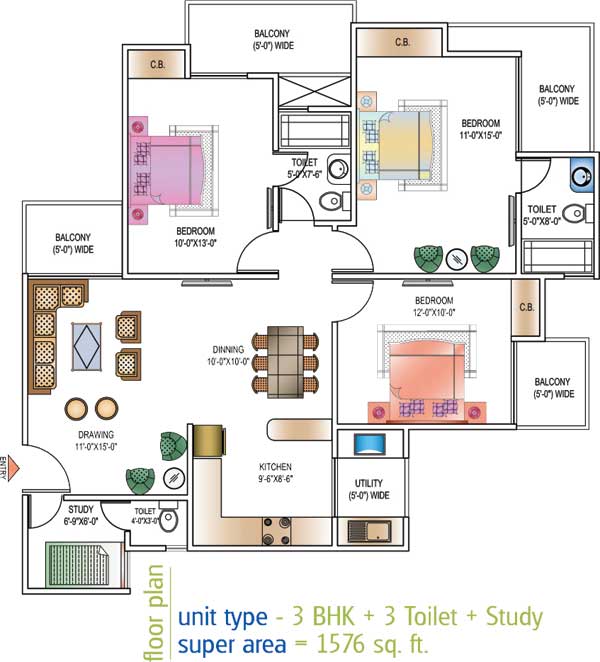 Floor Plan 1576 sq.ft. 3 BHK