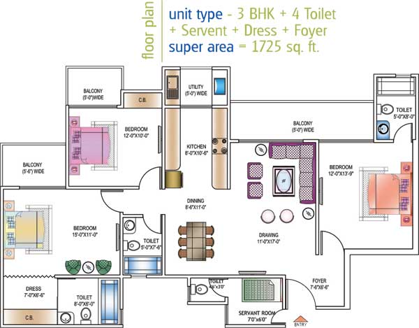 Floor Plan 1725 sq.ft. 3 BHK
